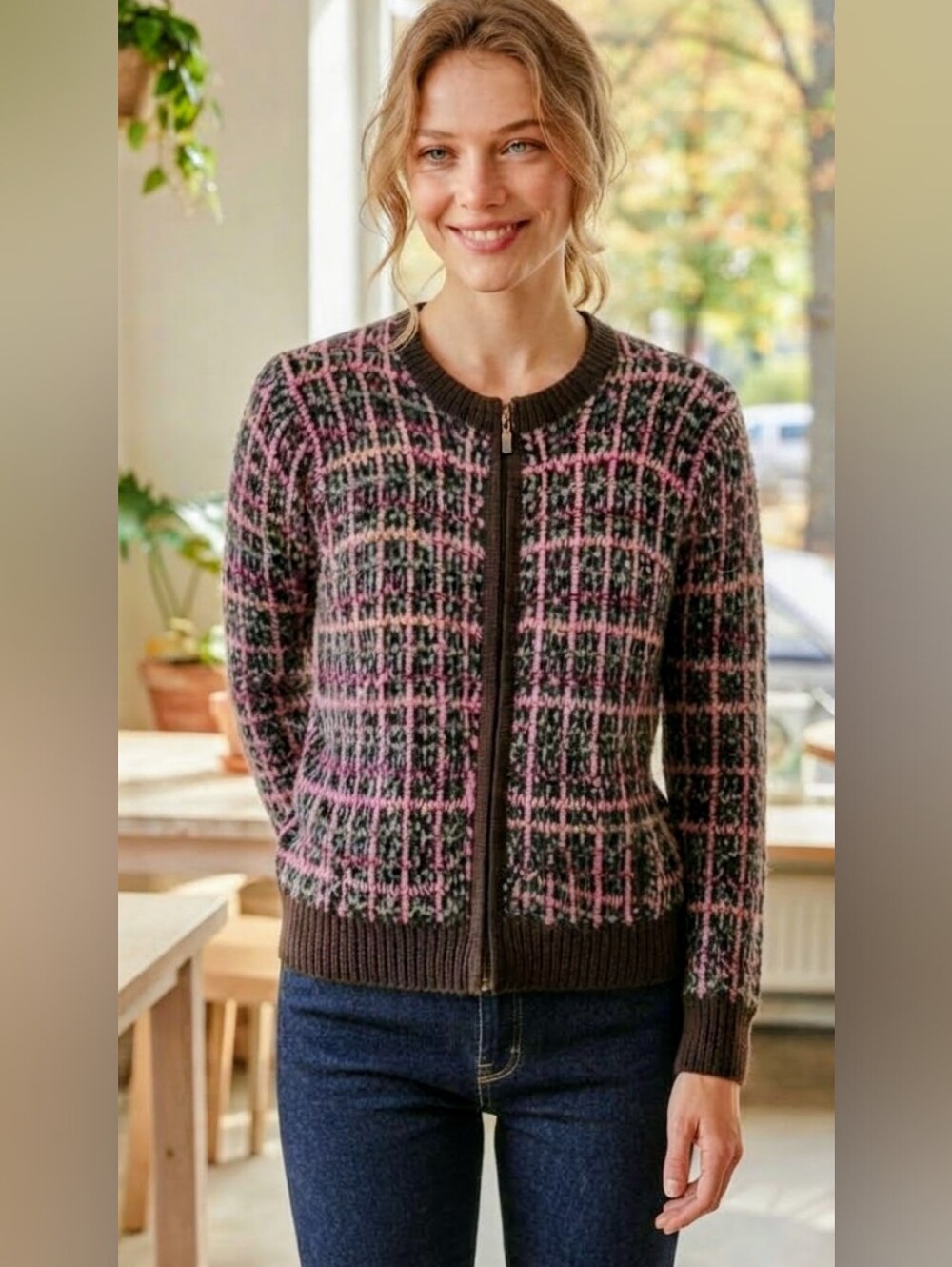 Alia Black Tweed Zip Cardigan Jacket Pink Accents Boucle Knit Coquette